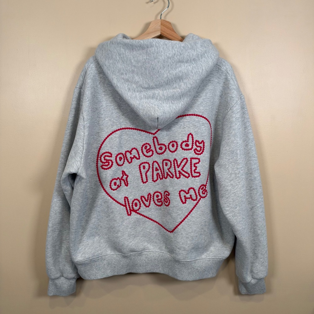 Parke Somebody at Parke Loves Me Hoodie Women L/XL Gray Oversized Heart Graphic